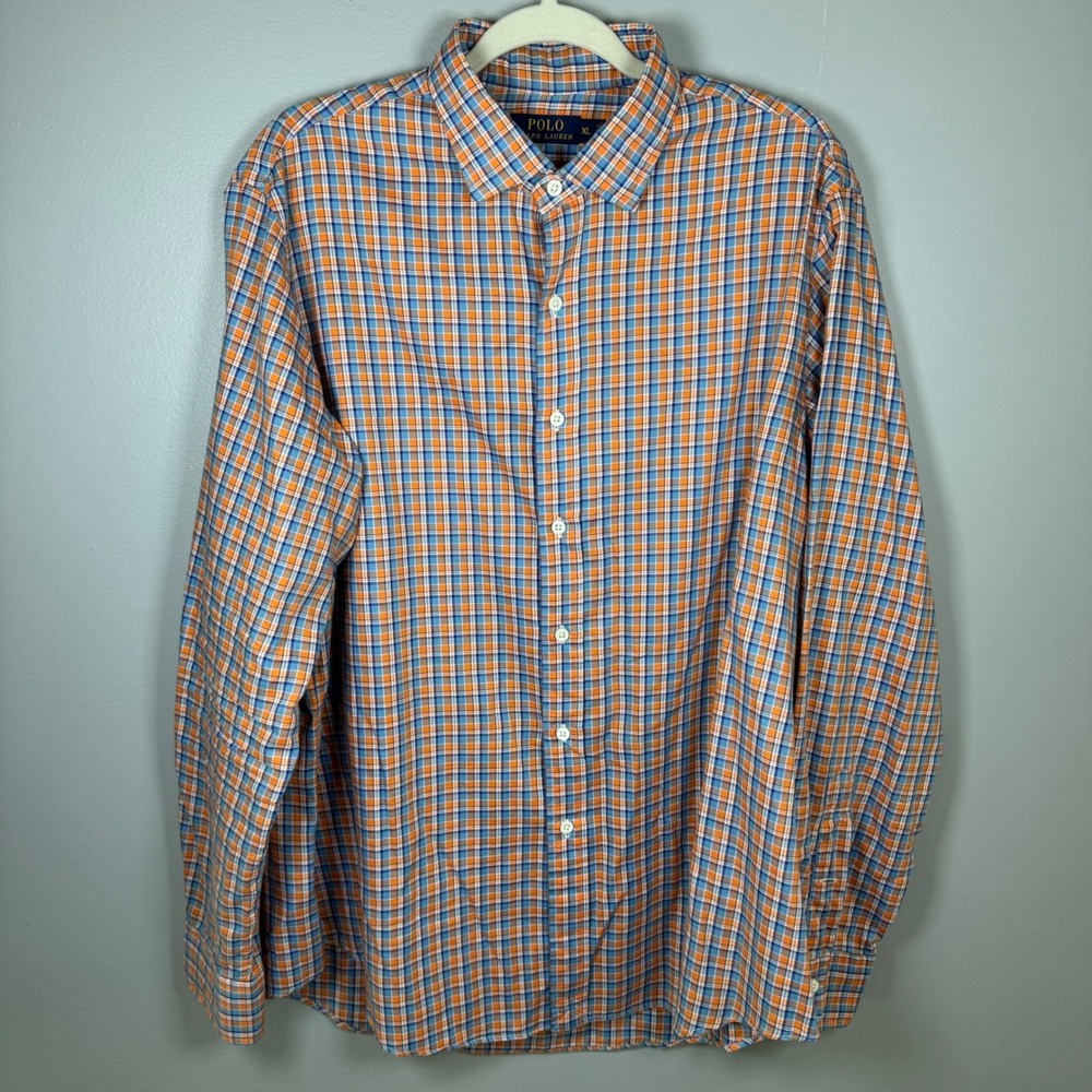 Polo Ralph Lauren Mens XL Orange Blue Plaid Long Sleeve Cotton Button Down Shirt - Picture 1 of 6